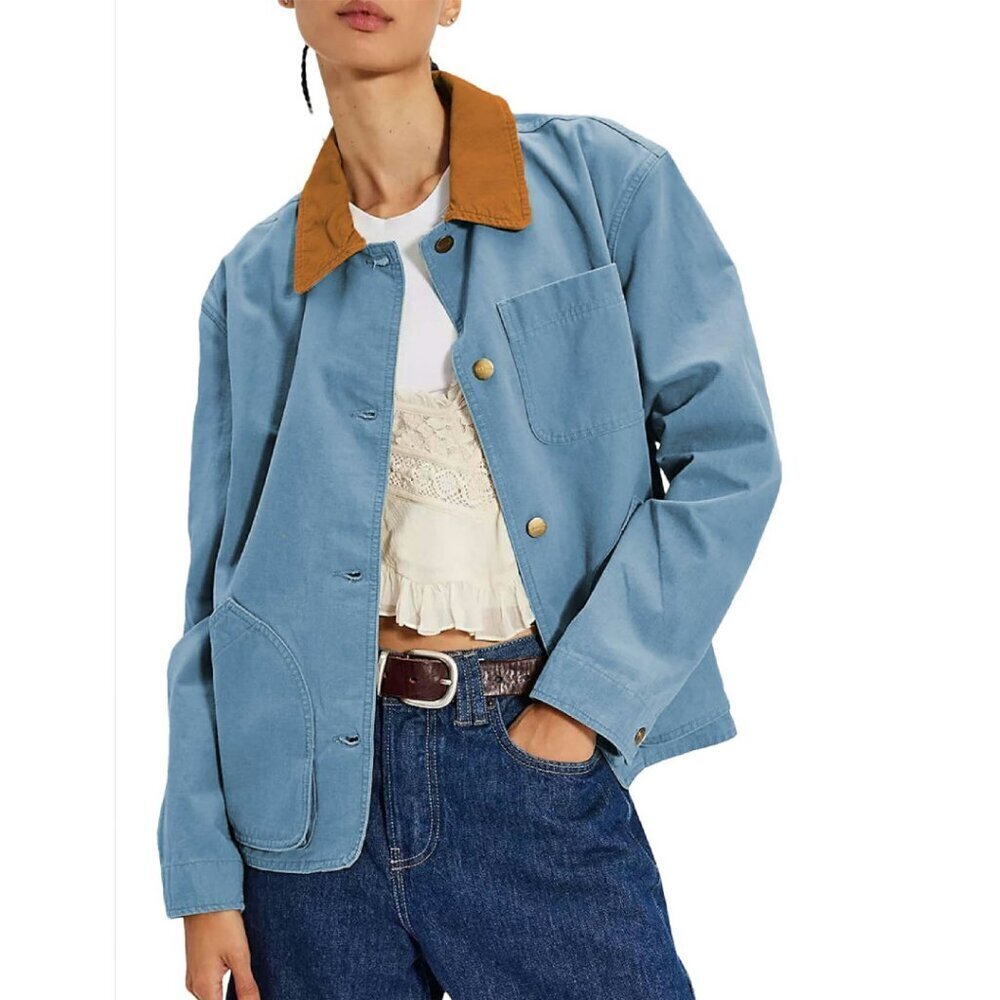 Women's Cropped Utility Jacket with Pockets, Button Up, Casual Outerwear